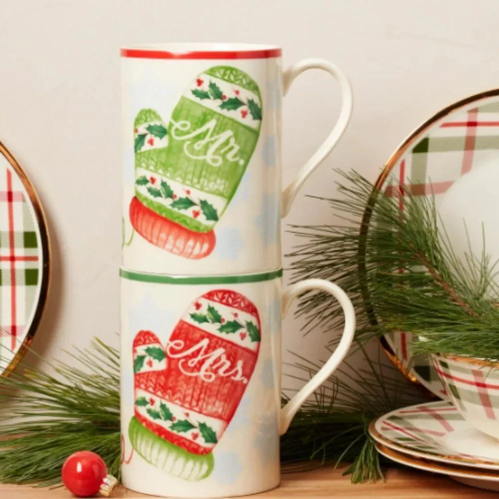 2 Sets Lenox Holiday Mr. & Mrs Graphic Porcelain Mugs
